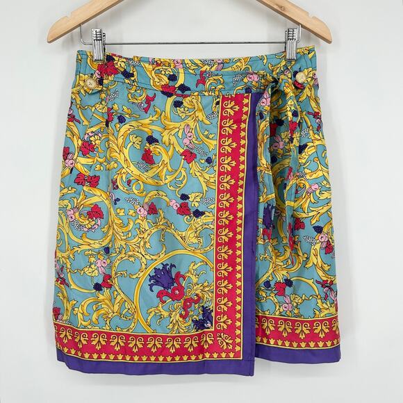 Vintage Dresses & Skirts - Vintage 90's Silk Mini Skirt Floral Baroque Scarf Print Satin Wrap Sara Campbell